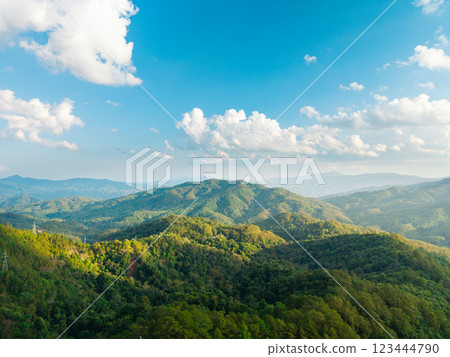 Summer Morning Mountain Landscape with Green Meadows and Blue Sky 123444790