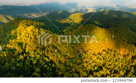 Aerial view of Summer morning in the mountains with clouds, trees, and a scenic valley view 123444794