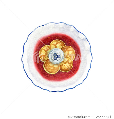 Syrniki in raspberry sauce with sour cream and blueberries on a plate. Watercolor illustration of cheesecake breakfast on a white background. Good for postcards, recipes, menu, invitations, greeting c 123444871