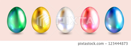 Five Multicolored Glossy Eggs on a Soft Background 123444873