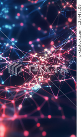 A photorealistic visualization of AI and machine learning, featuring a glowing neural network, holographic data streams, and futuristic UI elements 123445109