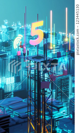 A photorealistic representation of 5G connectivity, featuring a glowing network tower, connected devices, and holographic data streams A photorealistic representation of 5G connectivity, featuring a glowing network tower, connected devices, and holographic data streams 123445130