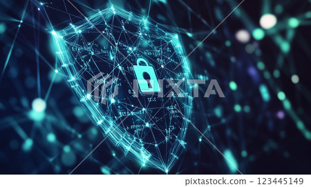 A photorealistic representation of cybersecurity, featuring a glowing digital shield protecting interconnected devices with holographic locks and binary code 123445149