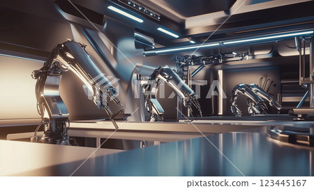 A photorealistic depiction of a futuristic factory featuring advanced robots assembling products with sleek metallic design and vibrant lighting A photorealistic depiction of a futuristic factory featuring advanced robots assembling products with sleek metallic design and vibrant lighting 123445167