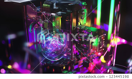 A photorealistic visualization of quantum computing, featuring glowing circuits, holographic data streams, and vibrant colors. 123445198