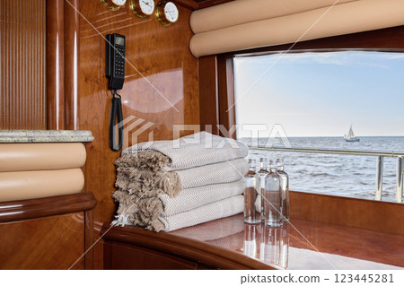 Experience the Luxurious Yacht Interior with a Stunning Scenic View of the Ocean Experience the Luxurious Yacht Interior with a Stunning Scenic View of the Ocean 123445281