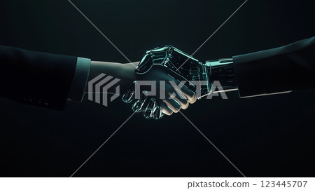 人類與人工智慧之間的未來主義握手象徵著與科技的共存 123445707