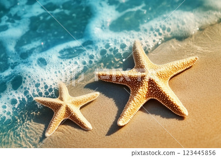 Starfish on the summer beach in sea water. Summer background. Summer time. 123445856