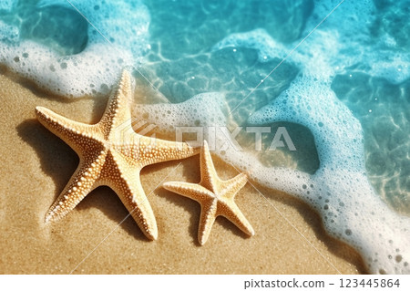 Starfish on the summer beach in sea water. Summer background. Summer time. Starfish on the summer beach in sea water. Summer background. Summer time. 123445864
