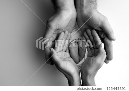 A father and mother hold the feet of a newborn child in a blanket. The feet of a newborn in the hands of parents. Black and white Photo of foot, heels and toes. The palms of the parents. 123445891