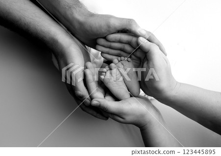 A father and mother hold the feet of a newborn child in a blanket. The feet of a newborn in the hands of parents. Black and white Photo of foot, heels and toes. The palms of the parents. A father and mother hold the feet of a newborn child in a blanket. The feet of a newborn in the hands of parents. Black and white Photo of foot, heels and toes. The palms of the parents. 123445895