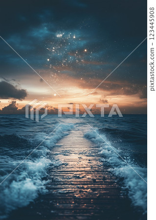 Stars shining in the night sky and a fantastical wake on the sea Stars shining in the night sky and a fantastical wake on the sea 123445908