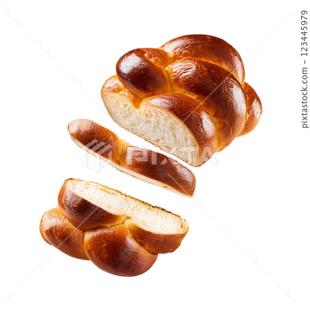 Floating Sliced Challah Bread with a Golden Crust 123445979