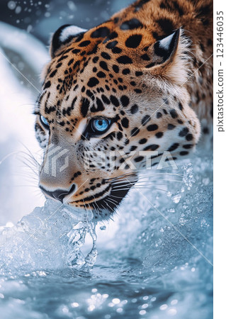 An impressive blue-eyed jaguar wading through ice and spray 123446035