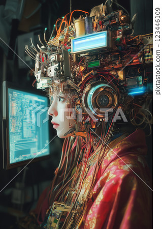 Woman wearing complex mechanical headgear staring at a data screen | Cyberpunk meets traditional art 123446109