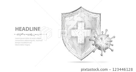 Shield with cross and virus. Abstract vector 3d viral microbe on shield. 123446128