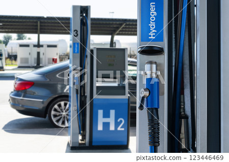 A hydrogen fueling station. Refueling car with hydrogen fuel A hydrogen fueling station. Refueling car with hydrogen fuel 123446469