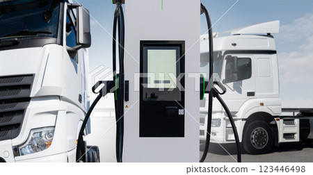 Electric vehicles charging station on a background of a trucks 123446498