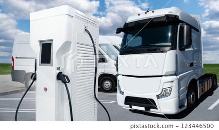 Electric vehicles charging station on a background of a trucks Electric vehicles charging station on a background of a trucks 123446500