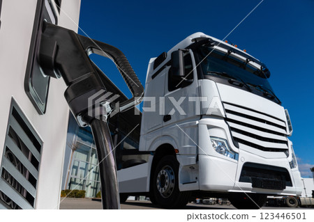 Electric vehicles charging station on a background of a trucks Electric vehicles charging station on a background of a trucks 123446501