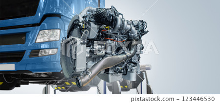 Disassembled engine at a truck repair service Disassembled engine at a truck repair service 123446530