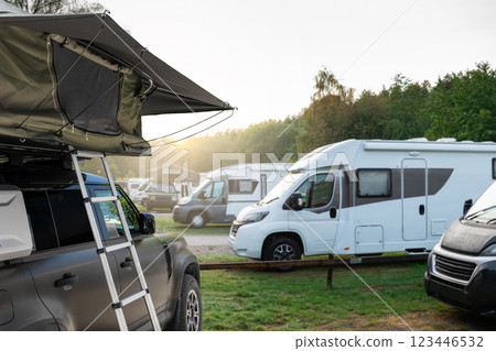 Roof of the car with canoe and touristic tent 123446532