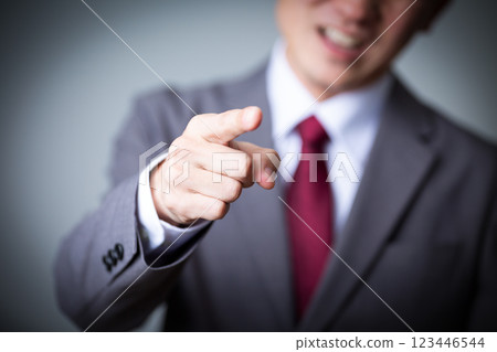 A middle-aged man in a suit who is bullying or complaining 123446544