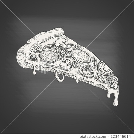 Hand drawn sketch of pizza slice with melted cheese, mushrooms, tomatoes, olives, and basil on dark chalkboard background. Vintage engraving style vector illustration. For restaurant, menu, packaging. Hand drawn sketch of pizza slice with melted cheese, mushrooms, tomatoes, olives, and basil on dark chalkboard background. Vintage engraving style vector illustration. For restaurant, menu, packaging. 123446614