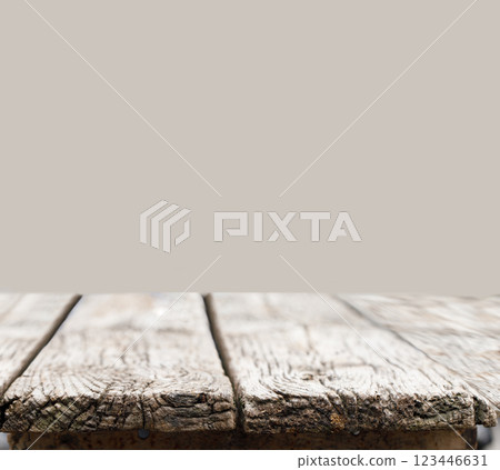 Wood table top on grey background 123446631