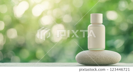 A skincare bottle stands elegantly on a stone, set against a softly lit forest backdrop with clean aesthetics 123446721