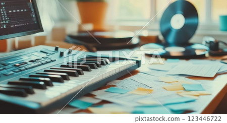Keyboard and scattered sheet music create an inspired atmosphere in a cluttered music studio 123446722