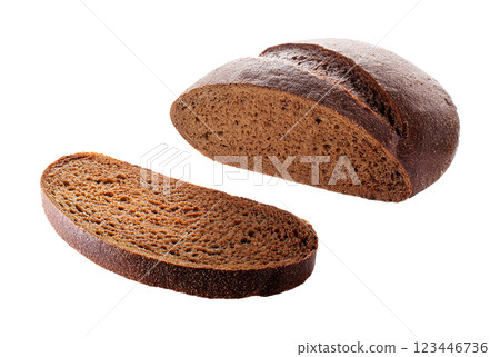 Traditional Dark Rye Bread Loaf with a Sliced Piece 123446736