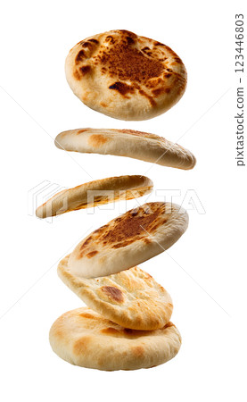 Floating and Flying Pita Bread as Freshly Baked Fluffy Flatbreads 123446803