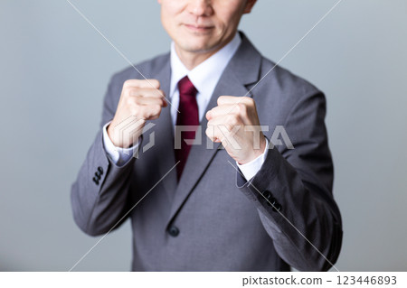 一位身穿灰色西裝、擺出戰鬥姿勢的中年男性商人 123446893