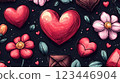 Artistic composition of vivid red hearts, delicate pink flowers, green leaves, and chocolate pieces on a dark background. A romantic and whimsical design perfect for love-themed celebrations. 123446904
