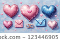 Whimsical heart shaped balloons in pink and blue, paired with love-themed envelopes and gold wedding rings. A dreamy, pastel hued arrangement perfect for celebrating romance and commitment. 123446905