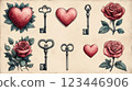 Charming vintage composition featuring red hearts, intricate skeleton keys, and beautifully detailed roses with green foliage. A romantic and timeless aesthetic exuding elegance and love. 123446906