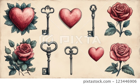 Charming vintage composition featuring red hearts, intricate skeleton keys, and beautifully detailed roses with green foliage. A romantic and timeless aesthetic exuding elegance and love. Charming vintage composition featuring red hearts, intricate skeleton keys, and beautifully detailed roses with green foliage. A romantic and timeless aesthetic exuding elegance and love. 123446906