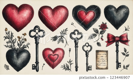 Elegant vintage illustration showcasing red and black hearts, intricate skeleton keys, botanical sketches, a handwritten note, and a red bow. Romantic and timeless with artistic charm. 123446907