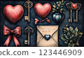 Vintage inspired illustration featuring red hearts, ornate keys, an aged envelope with a seal, lush greenery, and ribbons against a textured dark background. Evokes romance and timeless elegance. 123446909