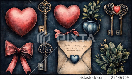 Vintage inspired illustration featuring red hearts, ornate keys, an aged envelope with a seal, lush greenery, and ribbons against a textured dark background. Evokes romance and timeless elegance. 123446909