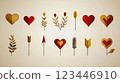 Minimalistic illustration featuring gold and red hearts, arrows, and botanical elements. The clean design, vibrant colors, and subtle gradients evoke a romantic and elegant aesthetic. 123446910