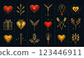 A luxurious black and gold graphic featuring heart motifs, arrows, laurel branches, and gift shapes. The intricate gold detailing and red accents create a refined, romantic, and festive ambiance. 123446911