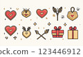 A vibrant and playful illustration featuring stylized red and gold hearts, arrows, wrapped gifts, and decorative elements like sparkles and wheat stalks, set on a cream background with a modern flair. 123446912