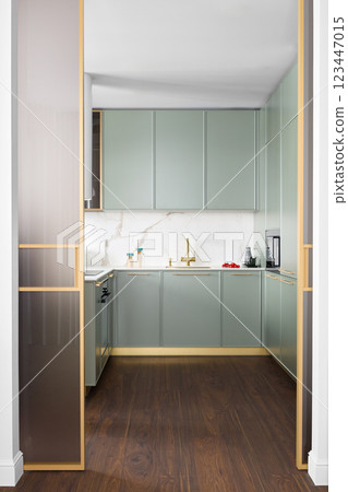 Discover modern kitchen design with beautiful green cabinets and elegant gold accents 123447015