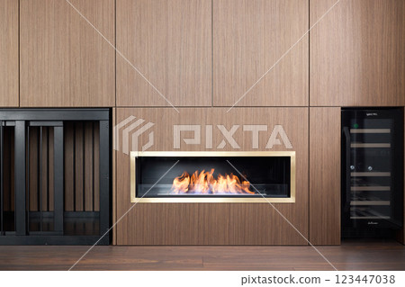 A modern elegant fireplace serves as a stunning centerpiece in a contemporary living room A modern elegant fireplace serves as a stunning centerpiece in a contemporary living room 123447038
