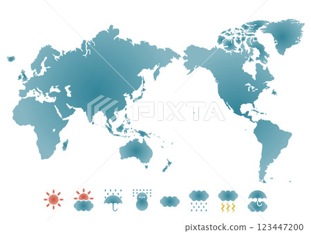 Illustration of world map (Japan centered) and weather symbol icons Illustration of world map (Japan centered) and weather symbol icons 123447200
