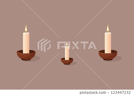 Minimalist Flat Illustration of Three Lit Candles in Simple Brown Holders on a Solid Brown Background Minimalist Flat Illustration of Three Lit Candles in Simple Brown Holders on a Solid Brown Background 123447232