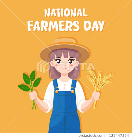 National Farmers day card with cute farmer girl flat vector illustration National Farmers day card with cute farmer girl flat vector illustration 123447234