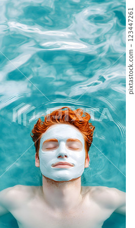 A young man enjoys a soothing moment in a turquoise swimming pool, lying back with a cooling face mask. 123447261